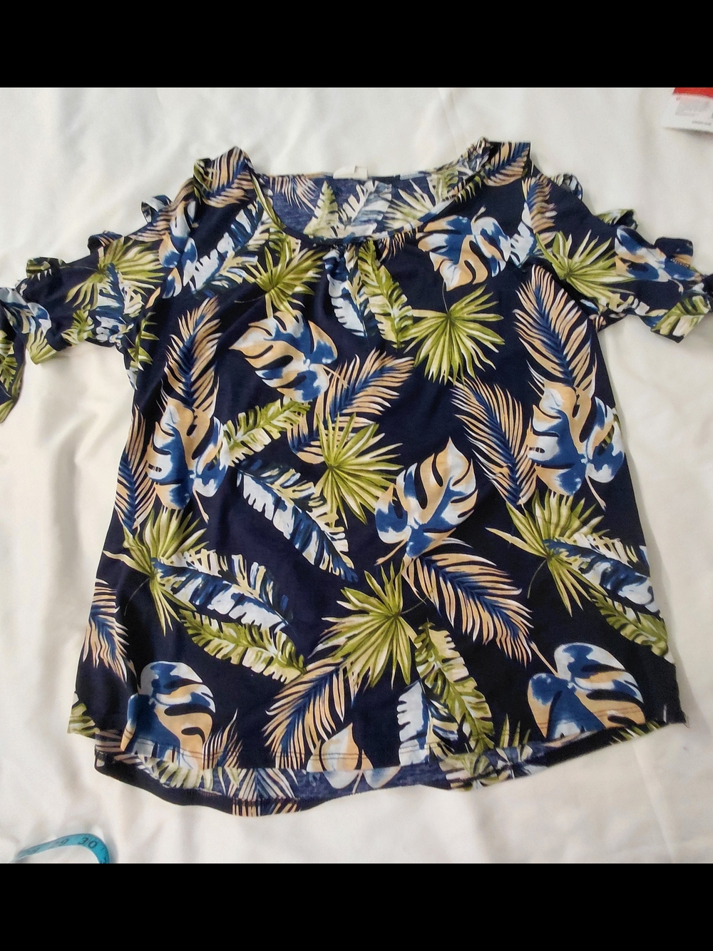 Women’s Navy Tropical Cold-Shoulder Blouse with Green Leaf Print